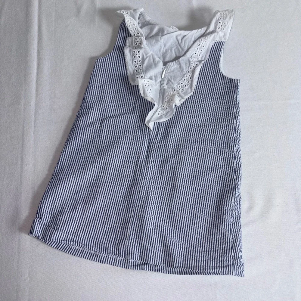Janie and Jack Seersucker Dress 3 Blue Excellent Eyelet Lace Ruffle Stripe
